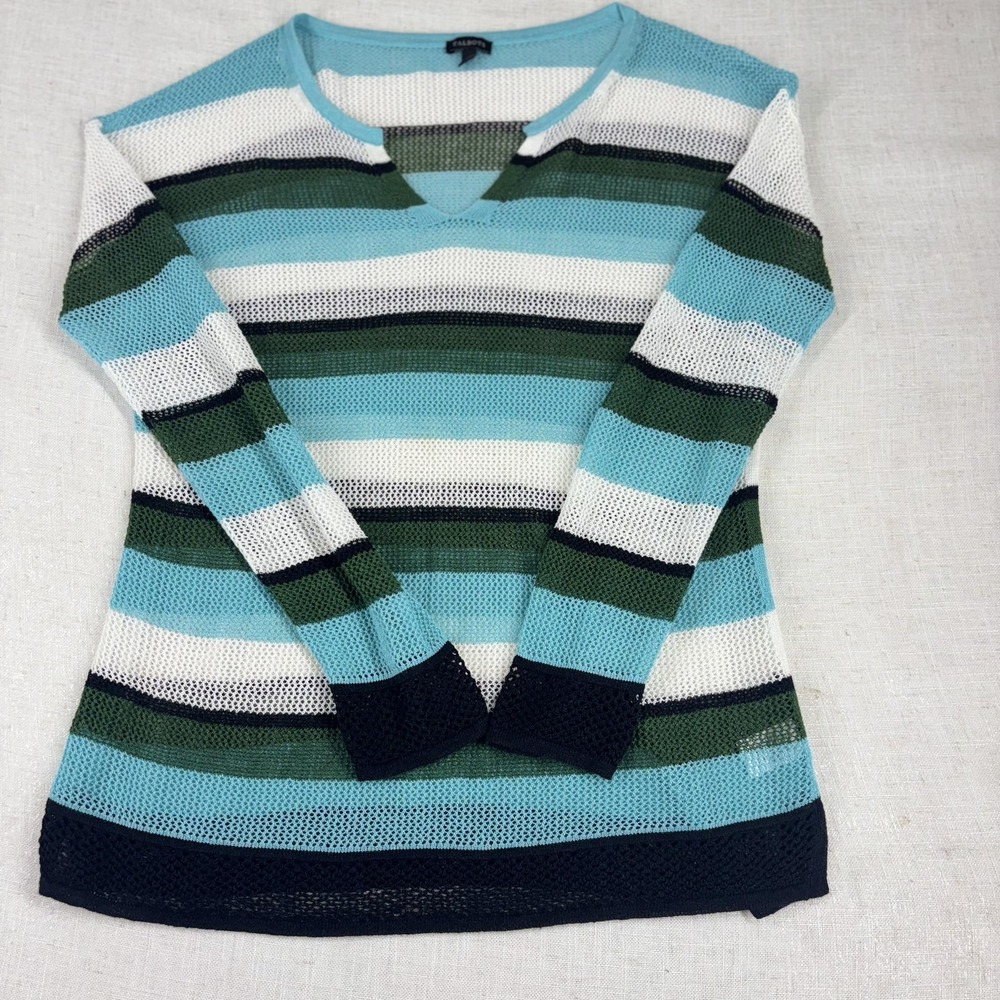 Talbots Sweater Womens Medium Blue Green White Striped Mesh Linen Pullover Light
